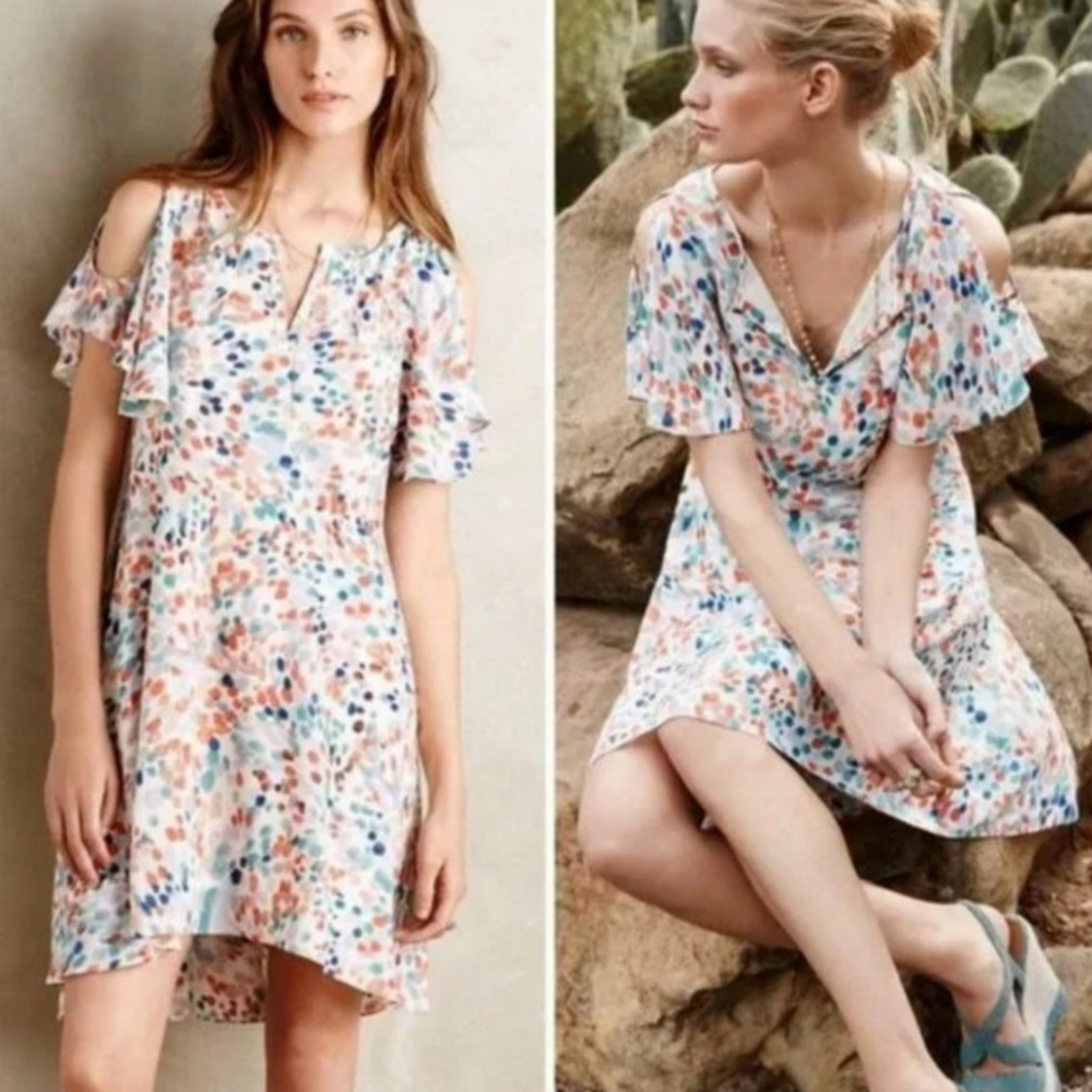 Anthro- Maeve Watercolor Dot Print Flutter Dress